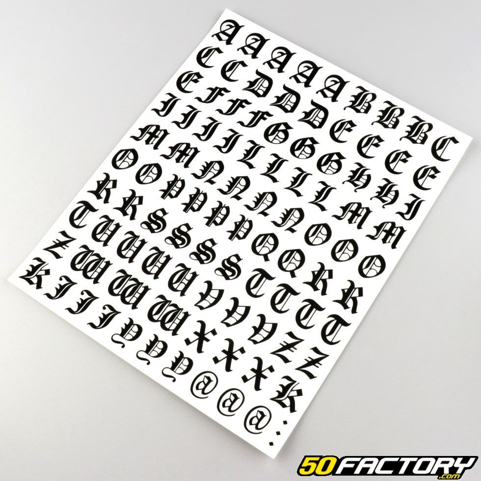 Adesivi lettere e numeri gotici neri (foglio) - Ricambi moto